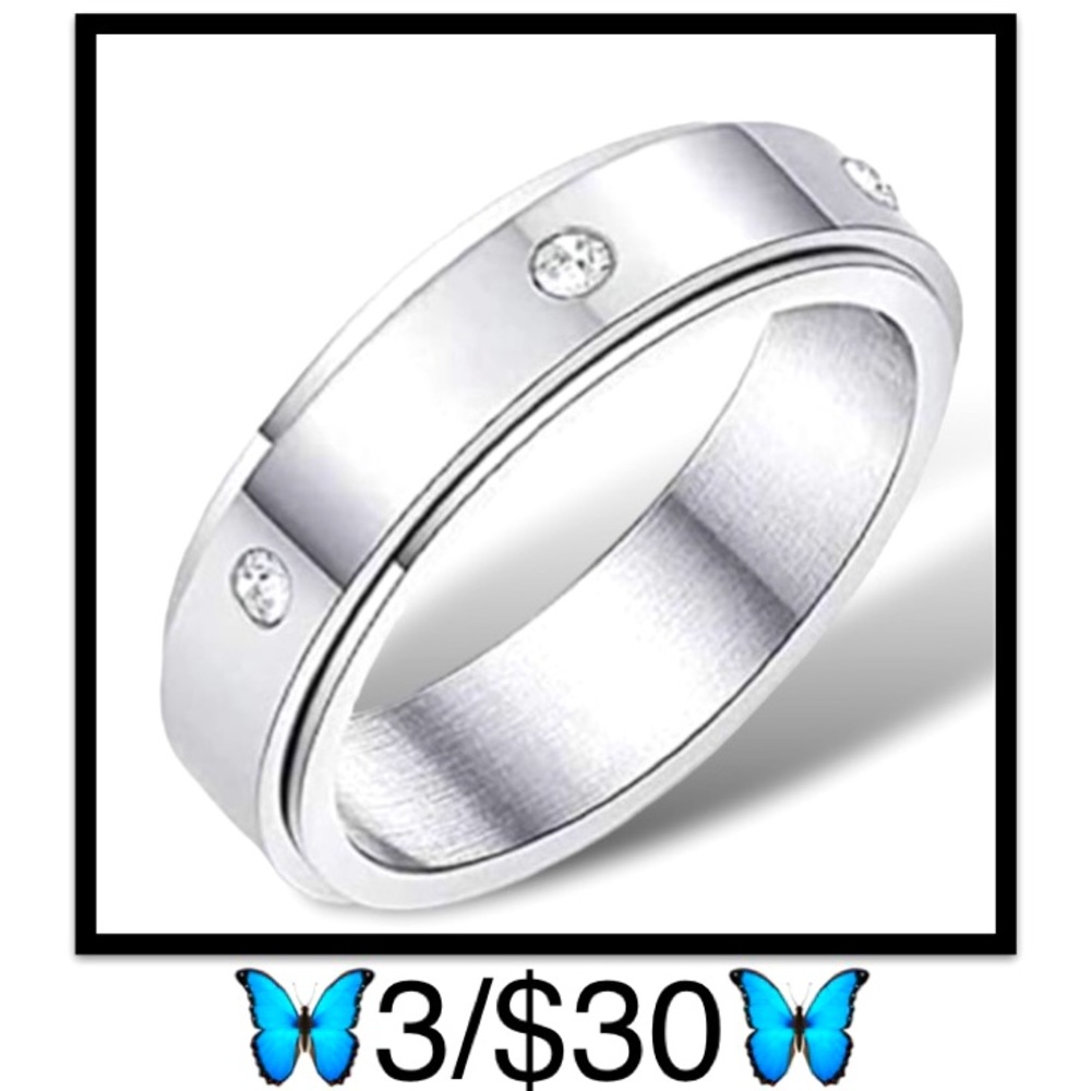 Silver CZ and Stainless Steel Fidget Spinner Ring Size 9 Unisex